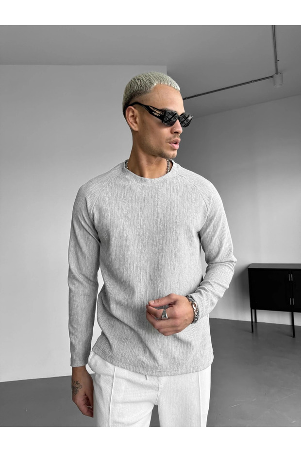 Regular Textured Crepe Light Gray T-Shirt