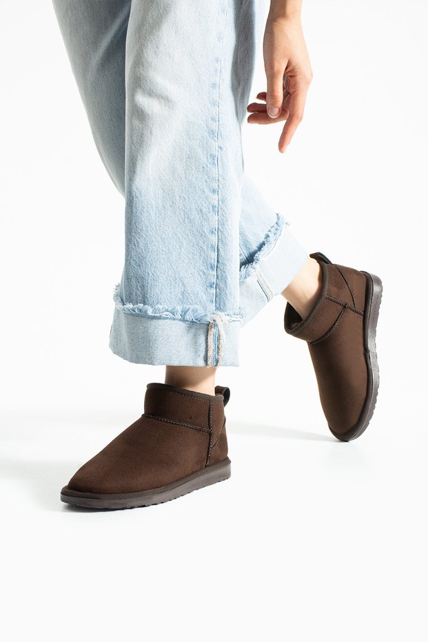 Ultra Mini Boots Brown Suede Inside Fully Fur Lined Winter Thin Sole (Sole Height 2 cm) Women's Boots