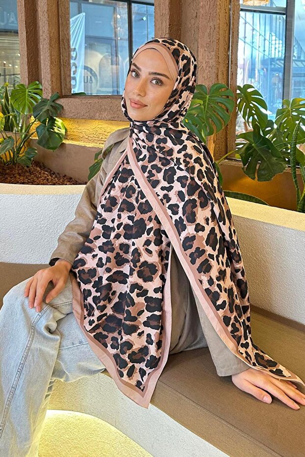 Leopar Desen Bambu Şal Camel - 1