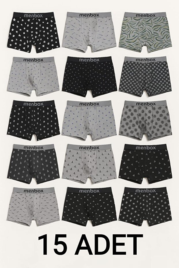 15 Pieces Mixed Patterned Cotton Stretch Fabric Men's Boxer Set |   Breathable, Flexible Waistband