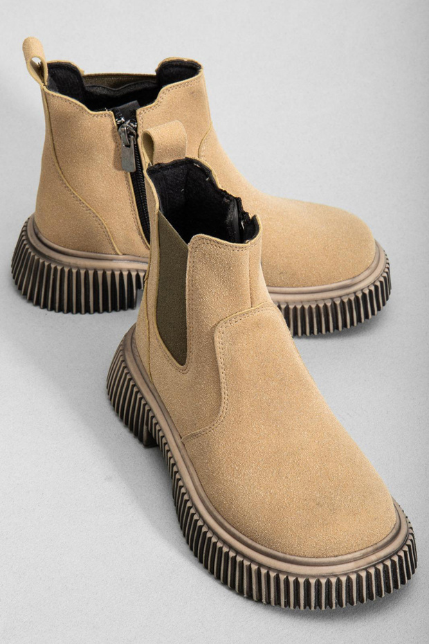 Children's Unisex Cream Suede Thick Serrated Thermo Sole Zippered Elastic Chelsea Boots