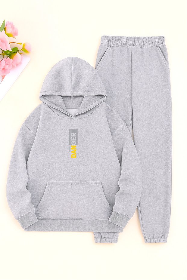 Unisex Gray Danger Printed Tracksuit Hoodie - Winter Fleece-Lined Fabric