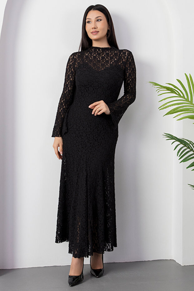 Dik Yaka Astarlı Dantel Elbise NY3066 - 7