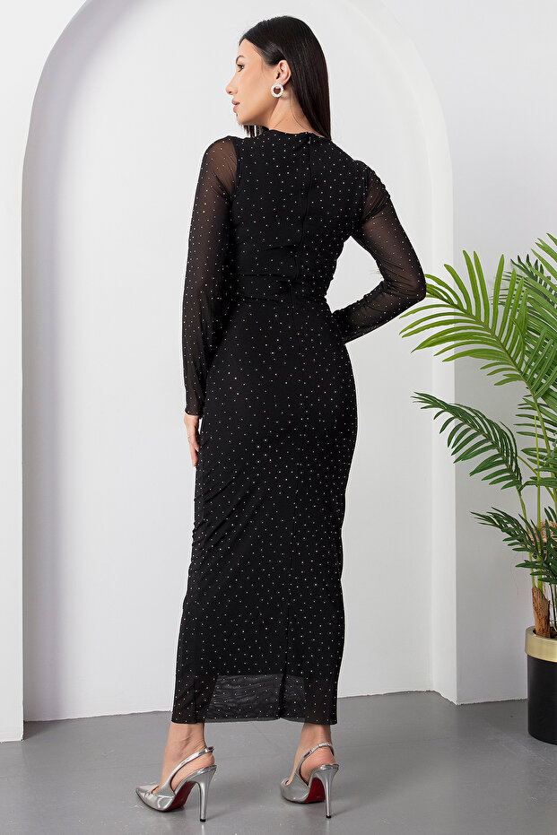 Bisiklet Yaka Drapeli Taşlı Tül Elbise DKS1330 - 8