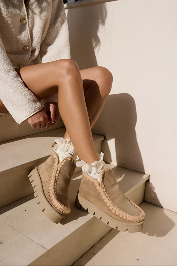 Munny Women's Beige Real Suede Ultramini Boots with Plush Inside