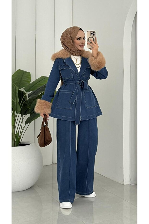 Women's Two-Piece Denim Set in Blue with Belt, Fur Details, and Pockets