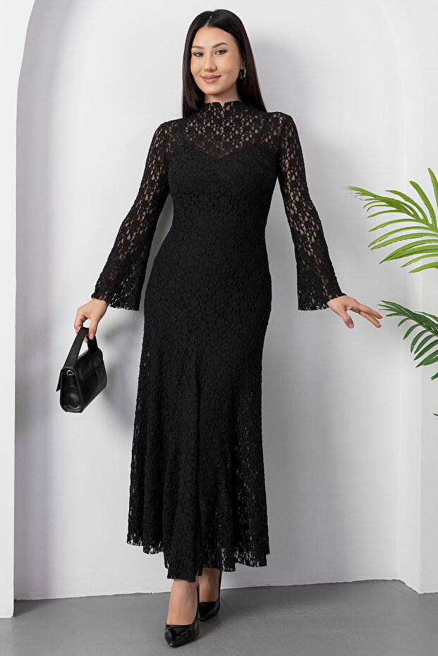 Dik Yaka Astarlı Dantel Elbise NY3066 - 4