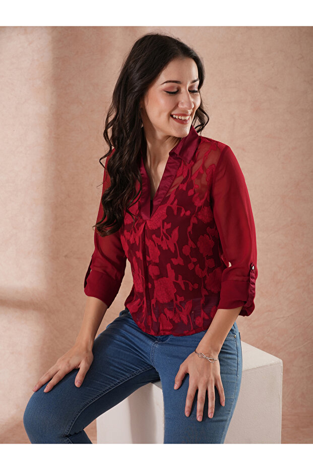 Women Maroon Floral Print Roll-Up Sleeves Top