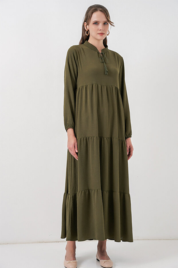 T1627 Yaka Bağcıklı Elbise - D.Haki - 4