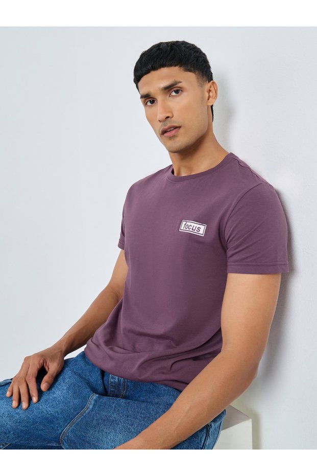 Men Purple Embroidered Chest Logo T-Shirt