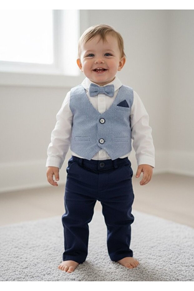 Striped Men's Suit with Shirt (Vest-Pants-Shirt-Bow Tie)