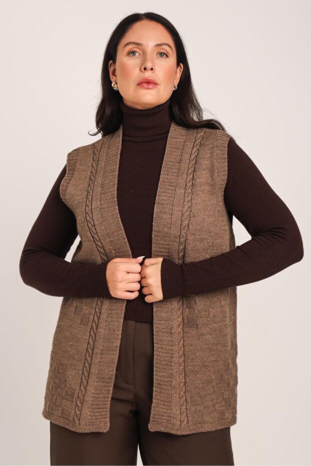 Women's Brown Knitwear Knitted Textured Hatun Winter Mother's Vest