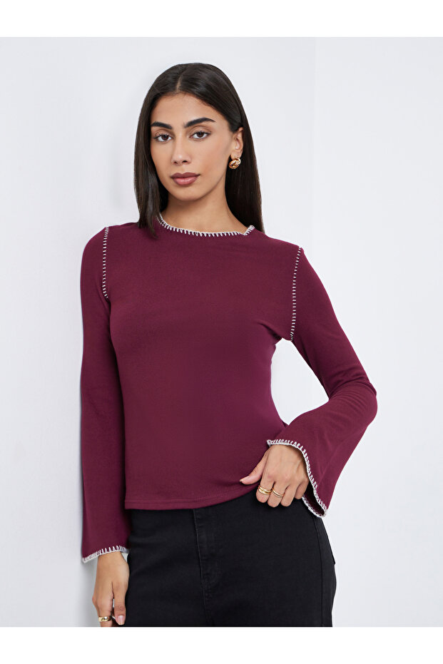 Burgundy Knit Top with Overlock Seam