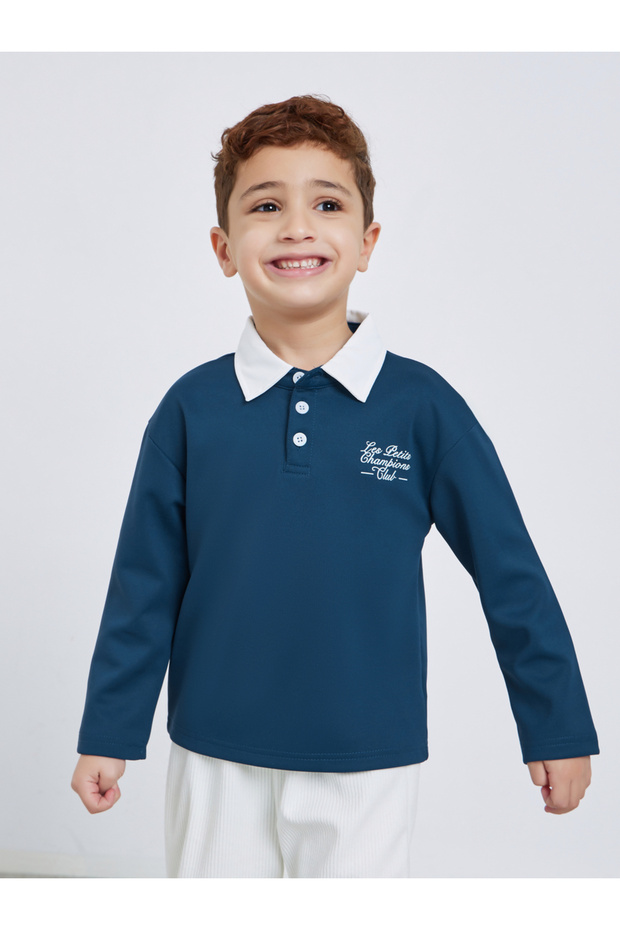 Slogan Print Long Sleeve Polo T-Shirt