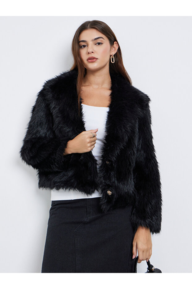 Women Black Regular Fit Cropped Faux Fur Jacket