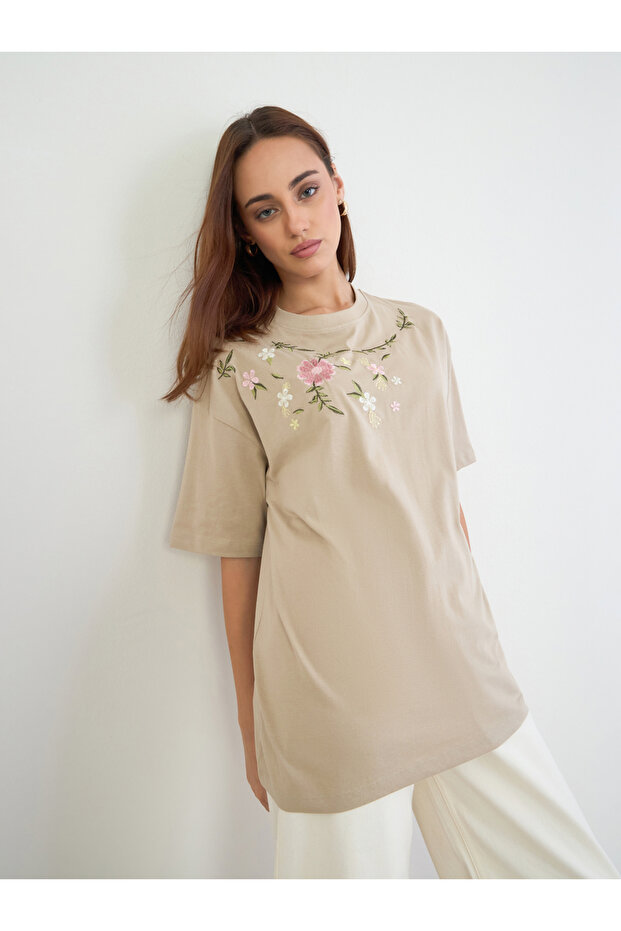 Beige Embroidered Floral Oversized T-Shirt