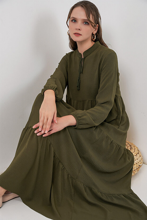 T1627 Yaka Bağcıklı Elbise - D.Haki - 3