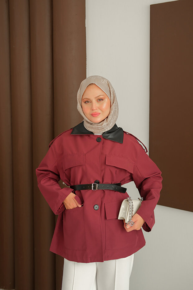 Women's Short Jacket with Leather Belt at the Collar Burgundy