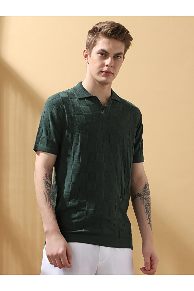 Men Check Pattern Cotton Flat Knit Polo