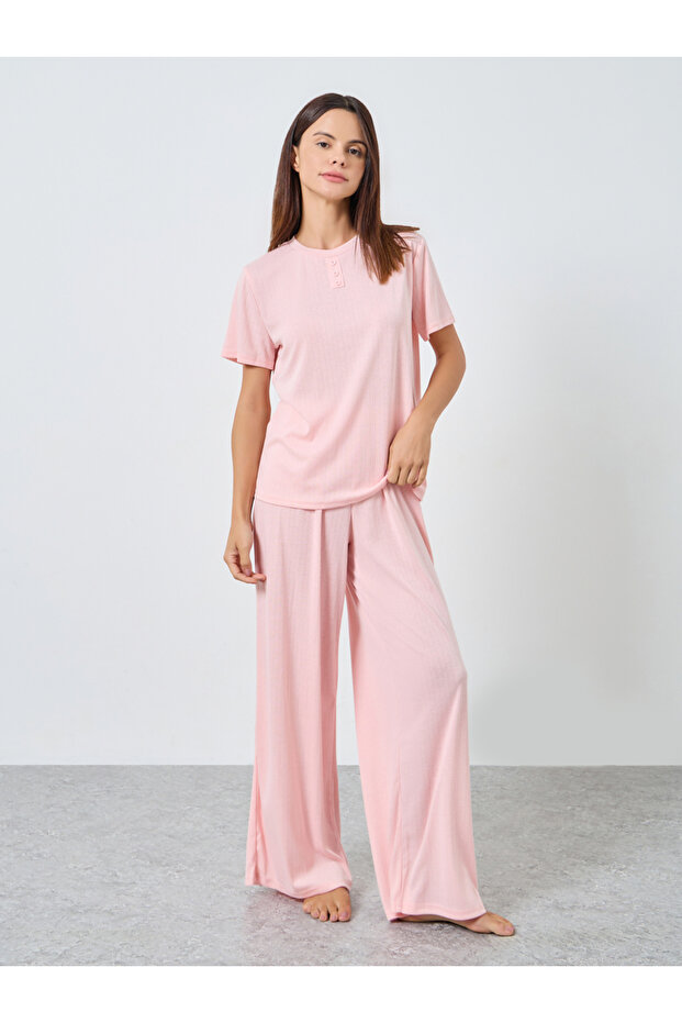 Pointelle Round Neck Placket T-Shirt and Wide Leg Pyjama Set