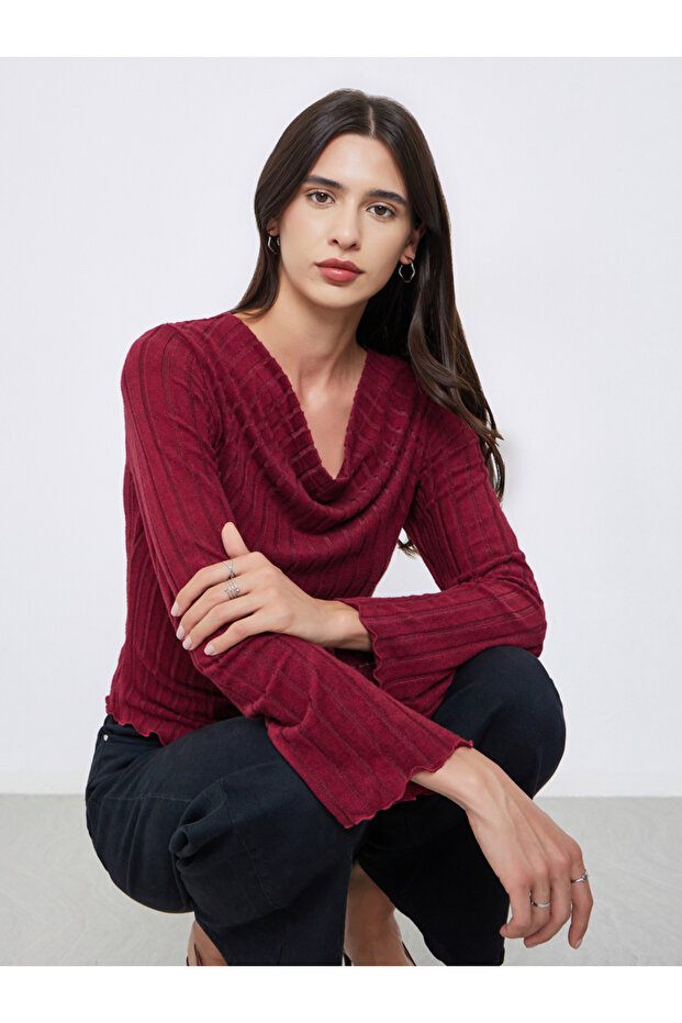 Red Knitted Cowl Neck Long Sleeve T-Shirt
