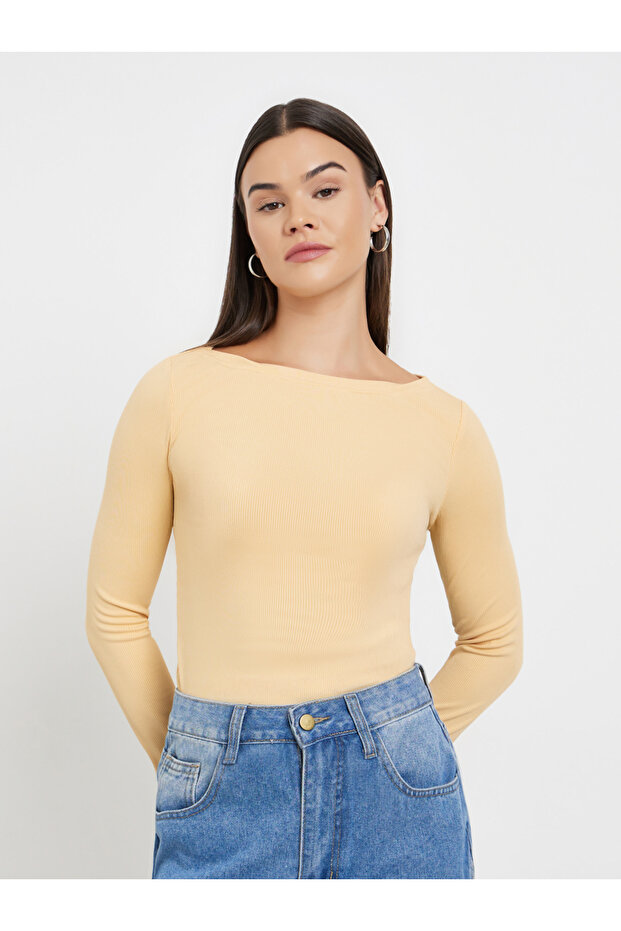 Beige Ribbed Knit Boat Neck Top