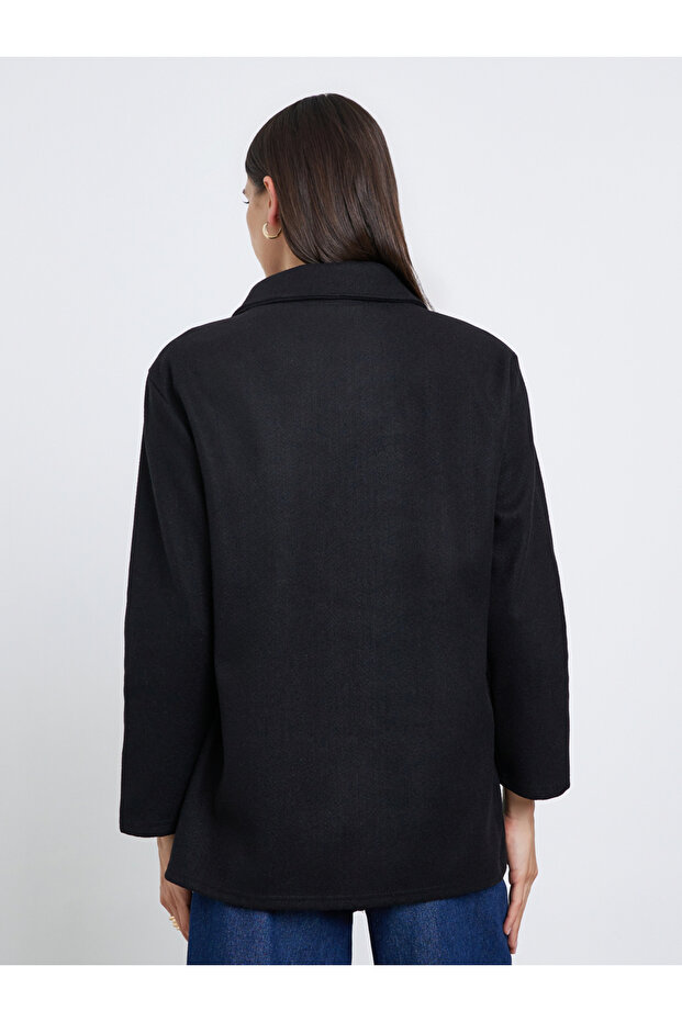 Black Solid Button-Down Coat - 4