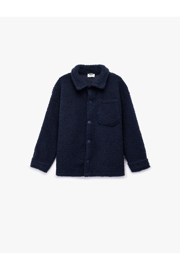 Long-Sleeved Plush Jacket with Snap Button Details and Flap Pockets