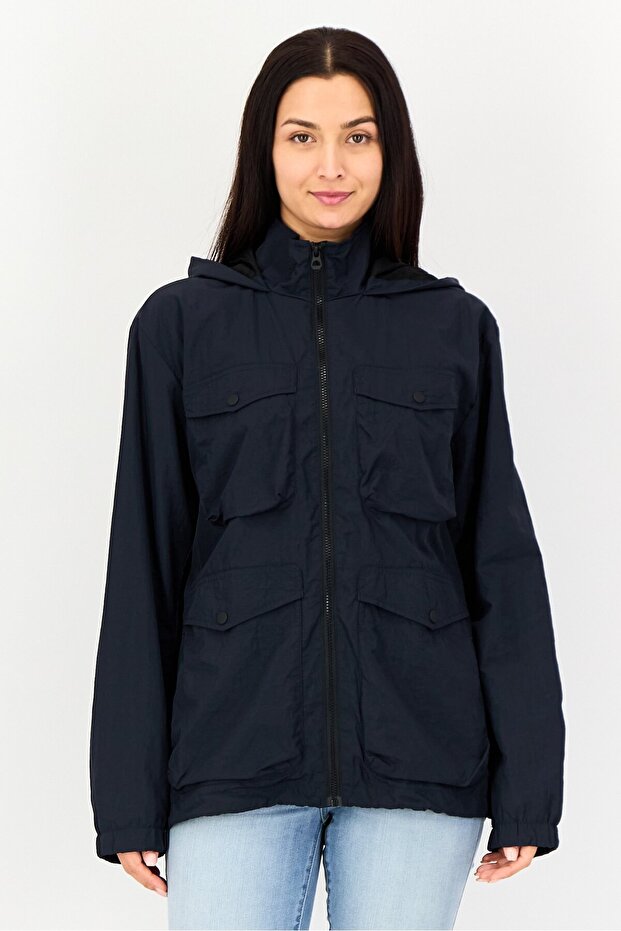 Women Solid Hooded Jacket, Navy - 1