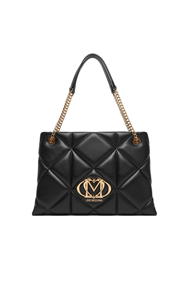 Women's Quilted Chain Strap Leather Zipper Closure Black Shoulder Bag