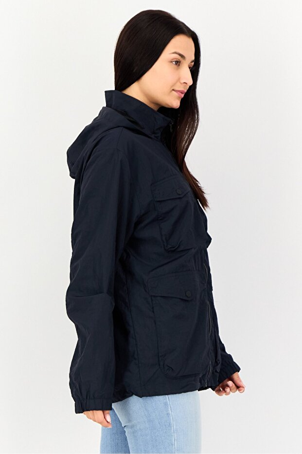 Women Solid Hooded Jacket, Navy - 2
