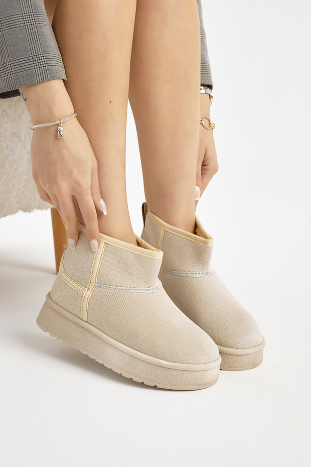 Women's Beige Thick Poly Sole Suede Look Casual Boots