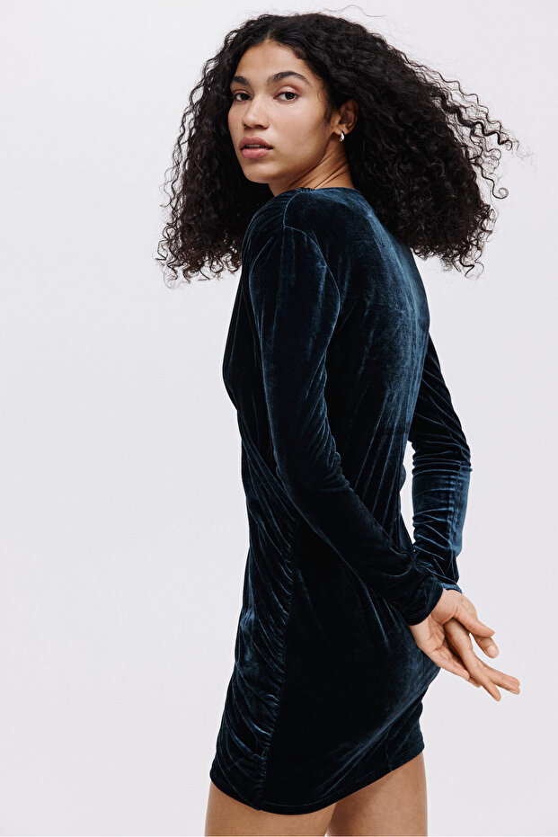 Drapeli Velur Mini Elbise - 5