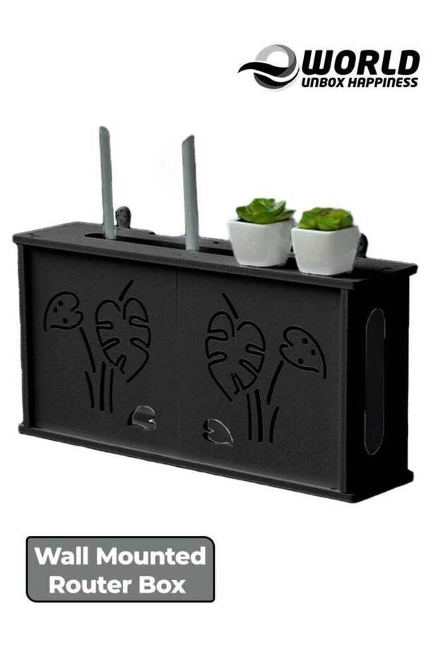 رف جهاز توجيه أنيق مثبت على الحائط مع صندوق حماية لوحة التوصيل، أسود - 1