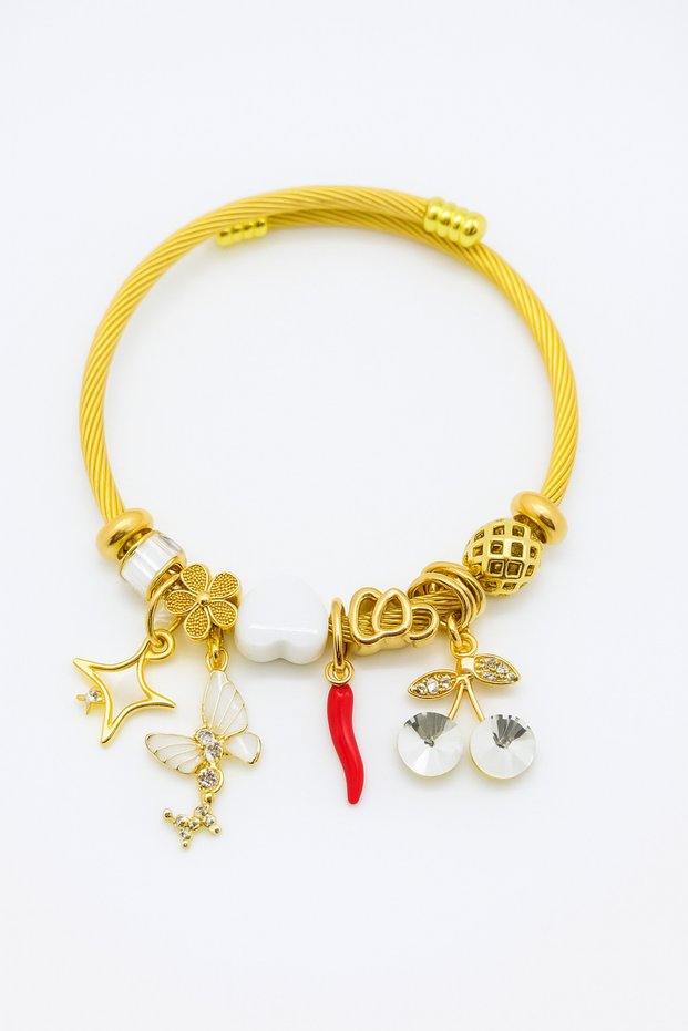 Gold Color Stainless Tarnish Free Charm Steel Bracelet with Star Heart Cherry Design for Kids