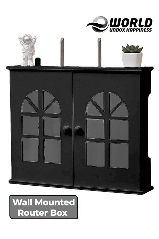 رف جهاز توجيه مثبت على الحائط مع صندوق حماية لوحة التوصيل، أسود - 1