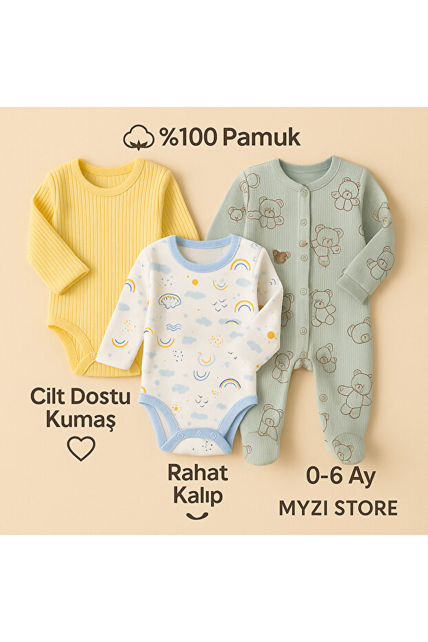Baby Long Sleeve Snap-On Romper Bodysuit 3-Piece 100% Cotton (3 Months, 6 Months)