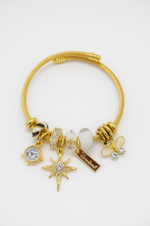 Gold Color Tarnish-Free Charm Steel Bracelet with Star Star Fish Cat Design for Children