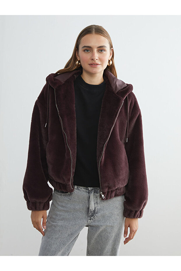 Claret Red Hooded Women's Fur Jacket