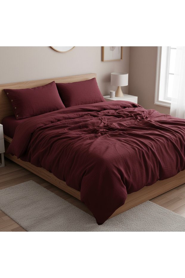 Muslin 100% Cotton Double Size Washable Duvet Cover Set Non-Ironing Wine Color