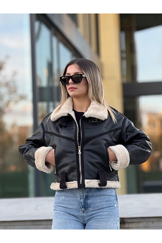 معطف من الجلد المبطن بالفرو من الداخل - 4