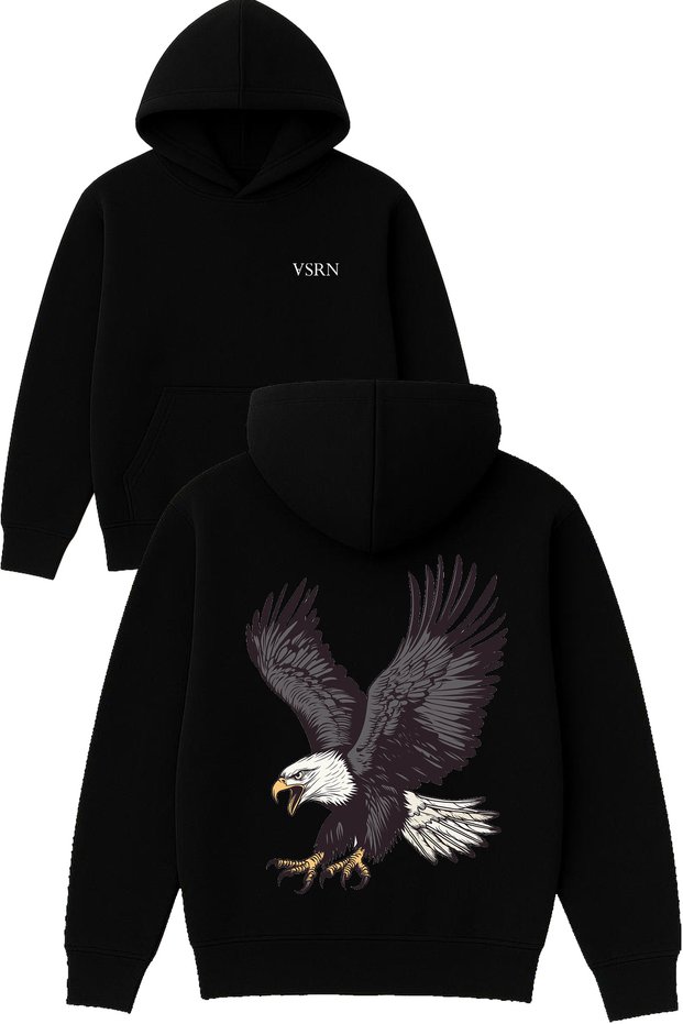 Big Eagle Design Printed Oversized Black Hooded Sweatshirt