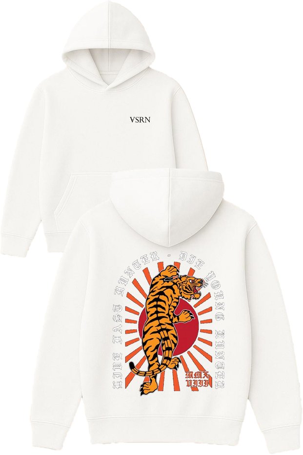 Tiger Red Round Design Printed Oversized White Hooded Sweatshirt