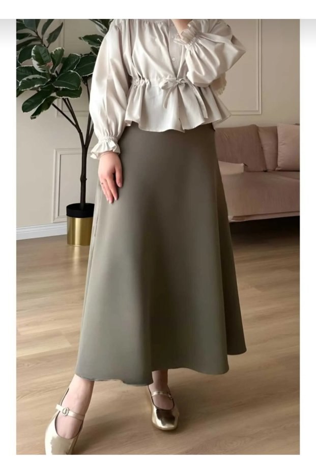 Women's Hijab Puff Long Bell Scuba Skirt Khaki