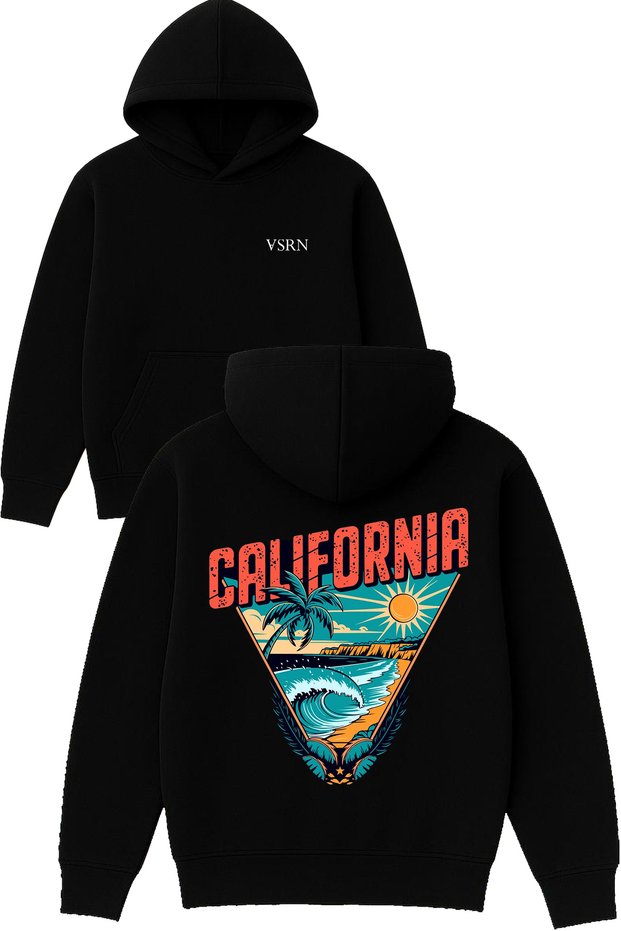 Triangle California Design Printed Oversized Black Hooded Sweatshirt