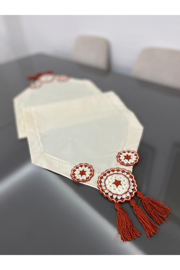 Cream Color Linen Hand Knitted Motif Runner (Color and Size Can Be Customized)