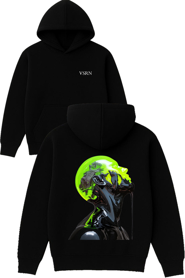 Green Robot Design Printed Oversized Black Hooded Sweatshirt