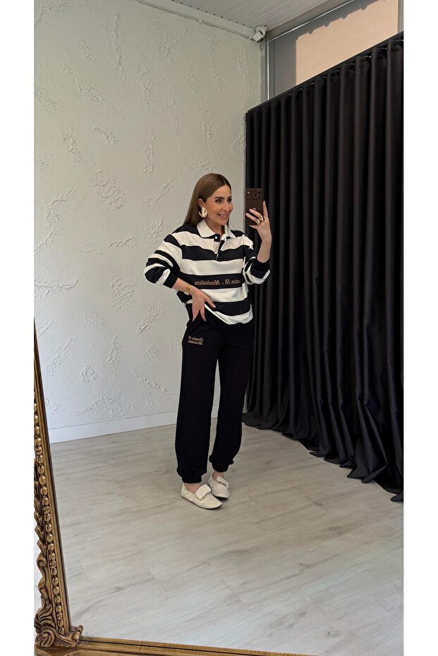 Jogger Cut Striped Tracksuit Set Navy Blue