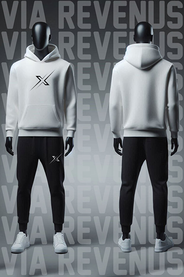 X Printed Hooded Sweatshirt and Sweatpants Unisex Cotton Sports Set