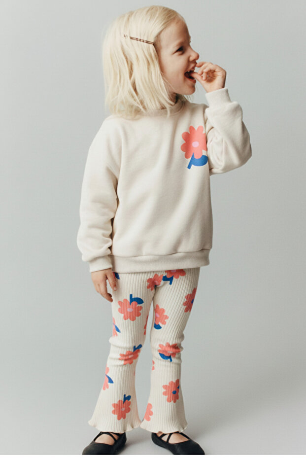 Girl's Cotton Ecru Floral Printed Sweatshirt and Sweatpants Set